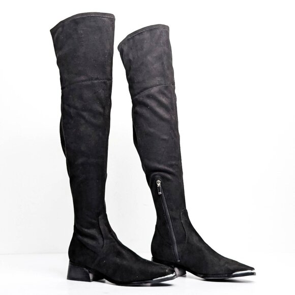 Marc Fisher Women Darwin Black Fabric Zip OTK Metal Pointy Toe Boots sz 8 - Picture 1 of 8